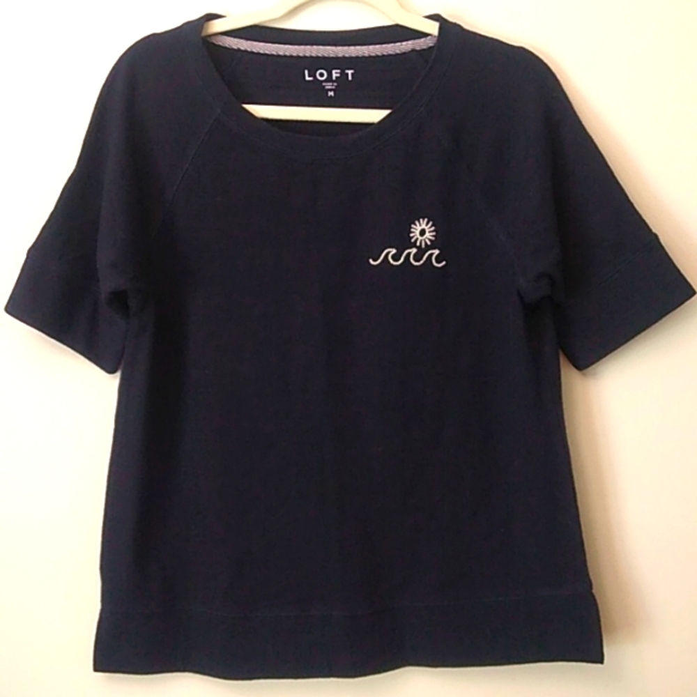 LOFT Half-Sleeve White Beaded Sun and Wave Tee Shirt, Navy, M